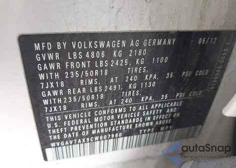 2012 Volkswagen Tiguan Se из США, поврежденный, VIN WVGAV7AX9CW607960